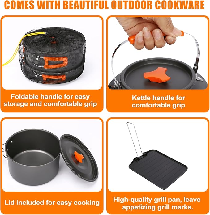 Hisencn Camping Stove,2 Burner Propane Stove,20000 BTU/h Camping Cooking set Includes Frying Pan,Kettle and Pot,Adjustable Burners & Piezo Ignition,Portable stove for camping Outdoor,Blue