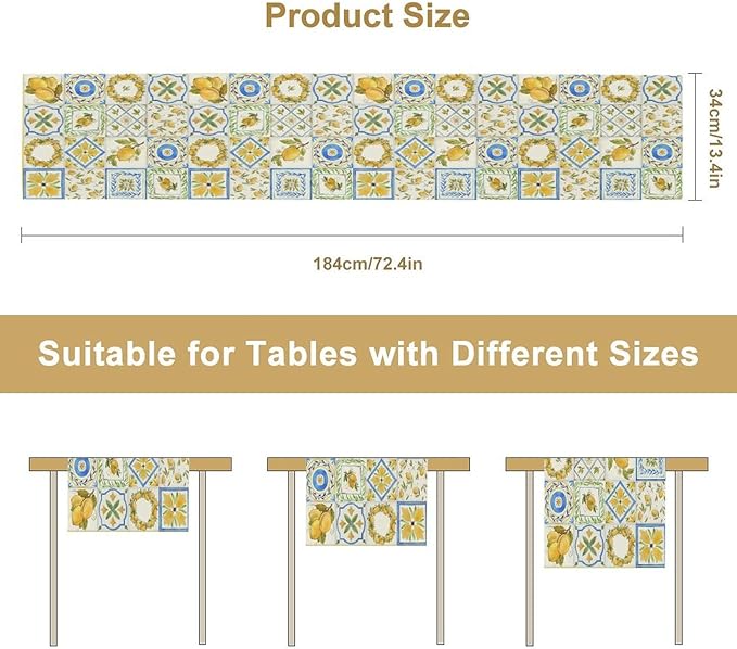 Yellow Lemon Summer Table Runner, Watercolor Spring Yellow and Blue Flower Hawaiian Style Table Runner for Holiday Party Home Kitchen Dining Table, 13x90inch