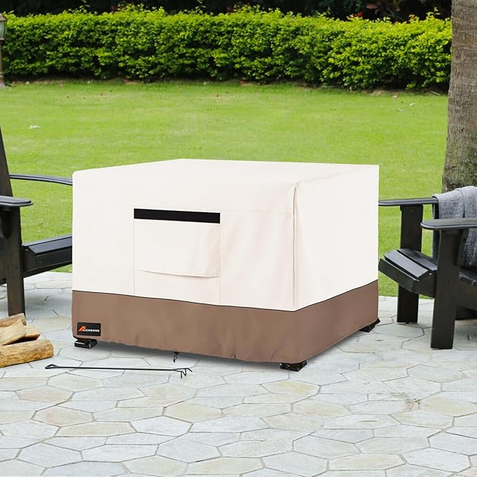 Fire Pit Cover Square, Outdoor Heavy Duty Durable 600D Tear-Resistant 100% Waterproof 34-36 Inch Fire Pit Cover, Patio Weatherproof Square Fire Table Protector, Beige 36" L x 36" W x 24" H