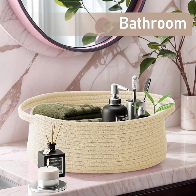 Woven Basket,Small Rope Storage Bin with Handles & Ribbon Bag, Organizer for Shelves Closets,Gift Basket Empty for Birthday,Books,Dog Toys,Beige/2 Pack