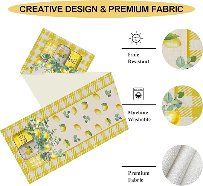 Lemon Table Runner, Farmhouse Yellow Buffalo Plaid Seasonal Summer Spring Fruits Lemon Coffee Table Center Decor for Home Kitchen Dining Party Patio Indoor Outdoor Table Decorations, 13"x108" Inch