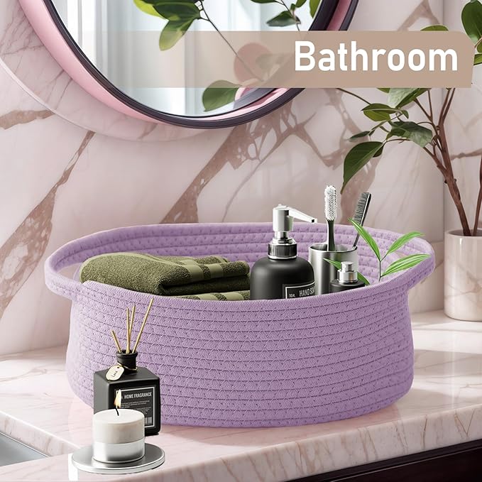 Woven Basket,Small Rope Storage Bin with Handles & Ribbon Bag, Organizer for Shelves Closets,Gift Basket Empty for Birthday,Books,Dog Toys, Purple/2 Pack