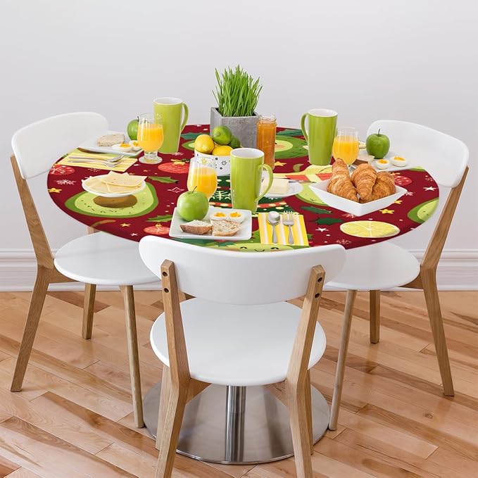 Christmas Tree Avocado Green Round Table Cloth Cover, Elastic Edge Waterproof Wipeable Tablecloths 45"-56" Polyester Tablecloth for Party Restaurant Banquet Holiday Camping Outdoor Picnic
