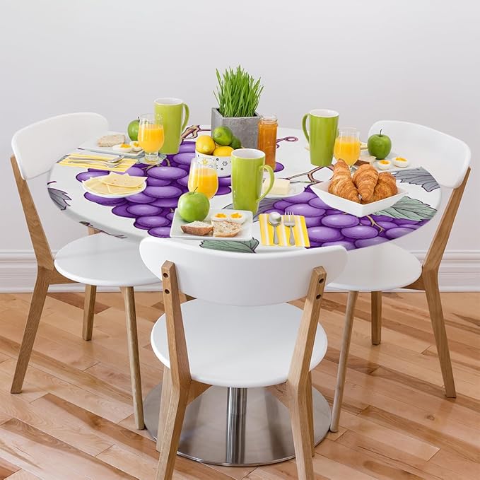 Grape Fruit Purple Leaves Round Table Cloth Cover, Elastic Edge Waterproof Wipeable Tablecloths 45"-56" Polyester Tablecloth for Party Restaurant Banquet Holiday Camping Outdoor Picnic