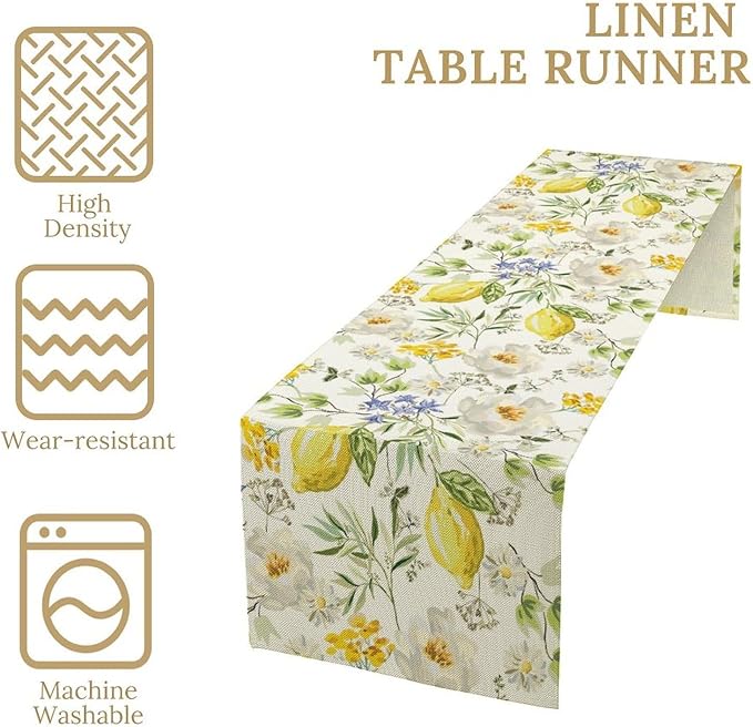 Vintage Lemon Blossom Table Runner Seasonal Spring Summer Floral Farmhouse Dining Table Decoration for Home Holiday Party Dresser Kitchen Cabin Restaurant Wedding Decor 13×120in