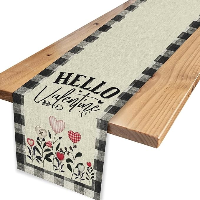 Valentines Day Table Runner,Vintage Rustic Black White Red Heart Buffalo Plaid Table Center Decor for Family Kitchen Living Room Outdoor Farmhouse Party Table Decorations, 13"x108"