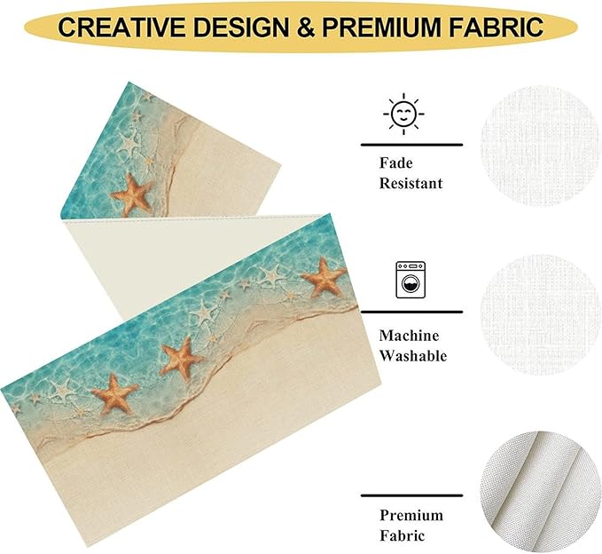 Summer Ocean Starfish Table Runner, Tropical Coastal Blue Sandy Clear Sea Water Waves Coffee Table Center Deco, for Family Kitchen and Living Room Farmhouse Party Table Decorations, 13" X 72"