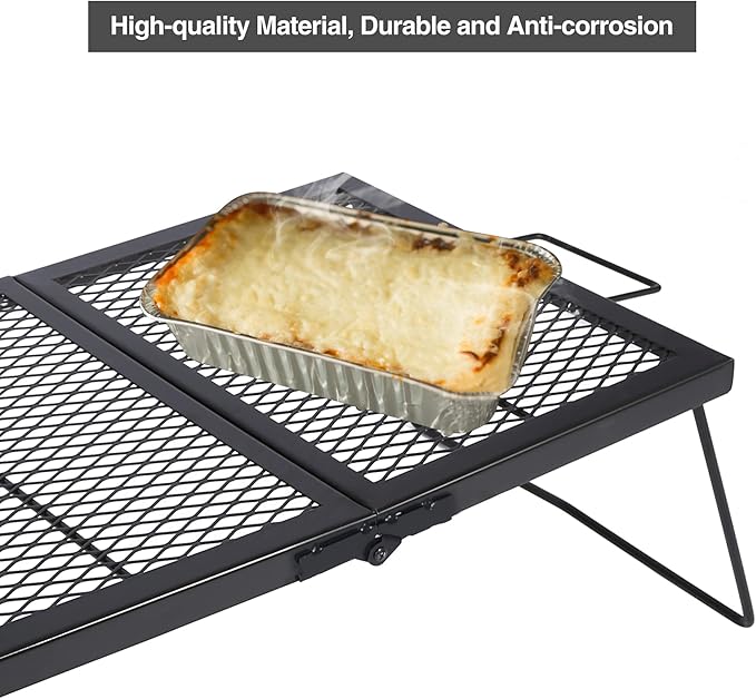 Large Folding Campfire Grill Grate, Portable Heavy Duty Steel Over Fire Camp Grill for Outdoor Camping Cooking Fire Pit, Black Folded in Half, 23.6"x15.7"