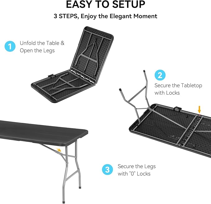 50 Pack of 6 Foot Foldable Table with Built in Handle & Steel Legs ,Heavy Duty Portable ,Perfect for Party, Dining, Wedding, Events, Picnic Indoor, Outdoor, Camping, Utility, Folding(Black-50pac)