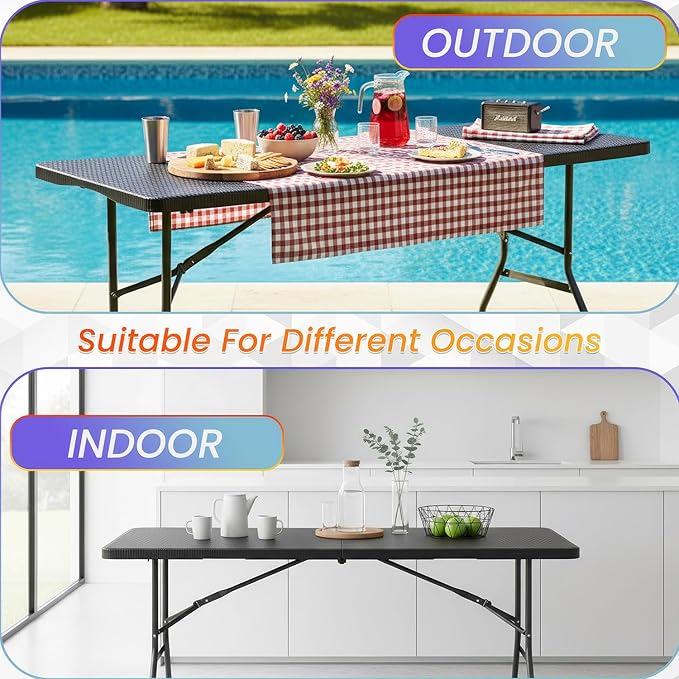 FDW 6FT Folding Table, Portable Fold-in-Half Plastic Picnic Party Table with Carrying Handle (Black Ratten, 6FT)