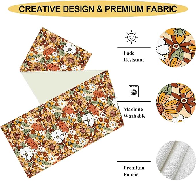70s Floral Table Runner, Retro Groovy Hippie Oange Floral Funky Daisy Trippy Coffee Table Center Decor for Home Kitchen Dining Patio Holiday Party Indoor Outdoor Table Decorations, 13"x90" Inch