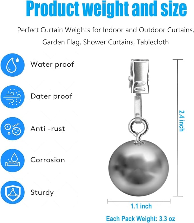 10 Pack Outdoor Curtain Weights, Heavy Duty Drapery Weights for Patio Pergola Cabana Gazebo, Stainless Steel Clips for Fixing Garden Flag, Shower Curtains, Tablecloth
