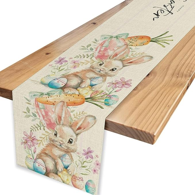 Easter Bunny Table Runner,Rustic Watercolor Bunnies Easter Eggs Carrots Floral Seasonal Table Center Decor for Family Kitchen Living Room Outdoor Farmhouse Party Table Decorations, 13"x108"