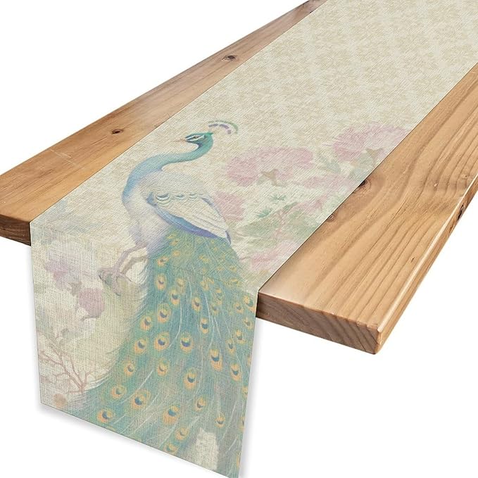 Peacock Table Runner,Rustic Traditional Chinese Style Watercolor Peacock Pink Flora Elegant Table Center Decor for Family Kitchen Table Decorations Indoor Outdoor, 13"x36"
