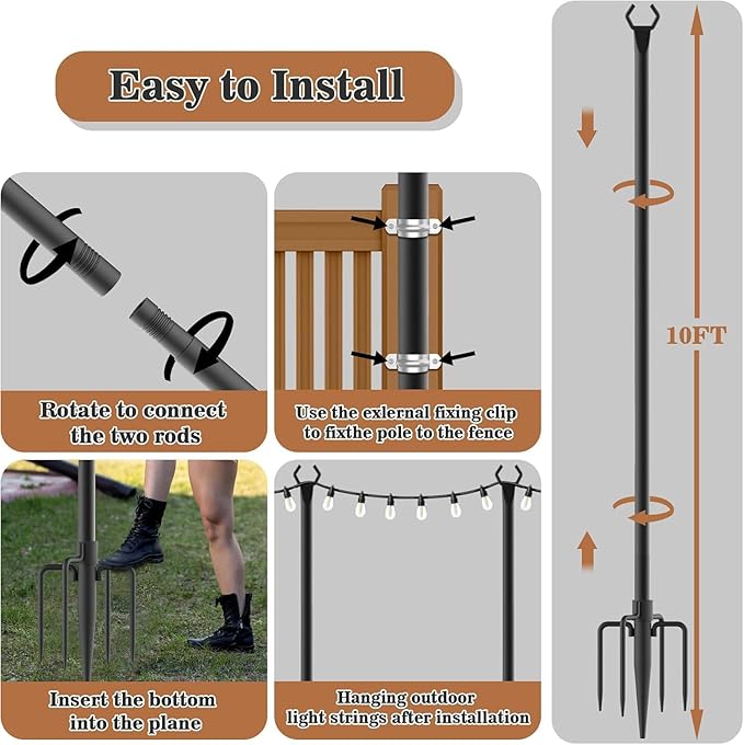 10 Pack String Light Poles,Metal Poles for Hanging Outdoor Light Strings,7 Pack 10 FT Light Poles Stand for Outside Garden,Patio,Wedding,Backyard,Deck,Party