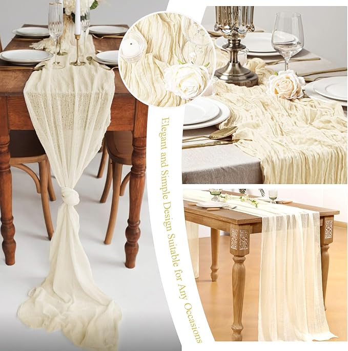 8 Packs Cheesecloth Table Runner 10FT Long Boho Gauze Fabric Table Runner Vintage Rustic Sheer Runners for Wedding Party Bridal Baby Shower Table Decorations (Ivory )