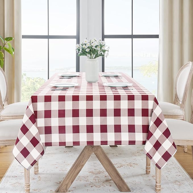 Softalker Gingham Checkered Tablecloth Rectangle - Outdoor Waterproof Buffalo Plaid Table Cloth, Stain Resistant Washable Table Cover for Picnic, Camping, Dining - Burgundy and White, 60 x 120 Inch