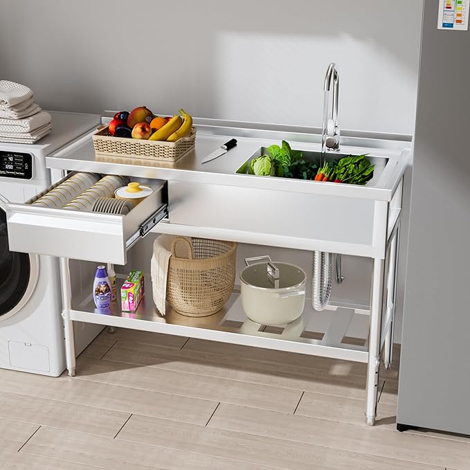 Stainless Steel Sink with Cold and Hot Water Pipes, Free Standing Single Bowl Commercial Kitchen Sink W/Workbench & Storage Shelf, Faucet For Laundry Room, Farmhouse, Indoor/Outdoor(47 inch)