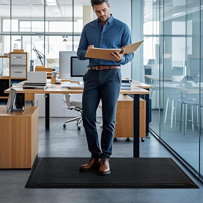 3 x 7 FT Anti Fatigue Mats Industrial 15/16 Inch Thick Soft Sponge Ergonomic Mat Durable Heavy Duty Diamond Plate for Standing Non Slip Industrial Grade Floor Mat for Leg & Back Pain Black