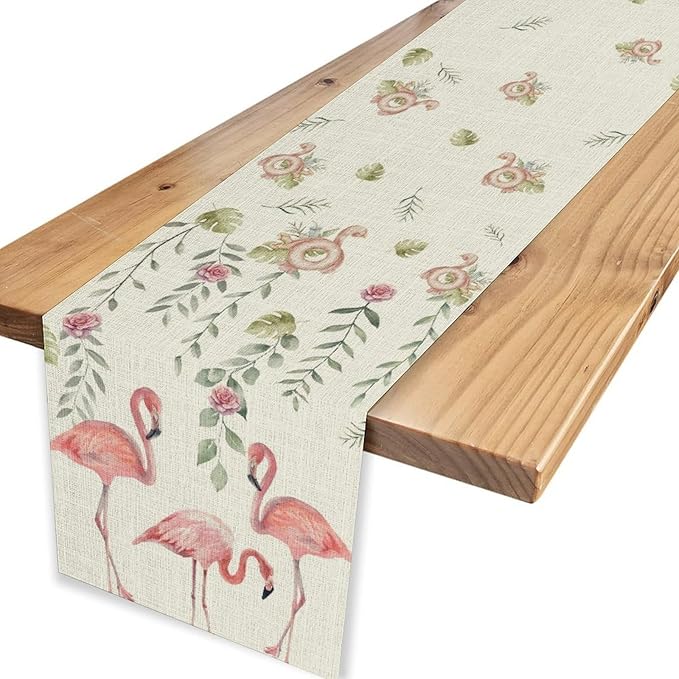 Flamingo Table Runner,Rustic Boho Grey Leaf Pink Rose Floral Tropical Bird Pattern Table Center Decor for Family Kitchen and Living Room Outdoor Farmhouse Party Table Decorations, 13"x108"