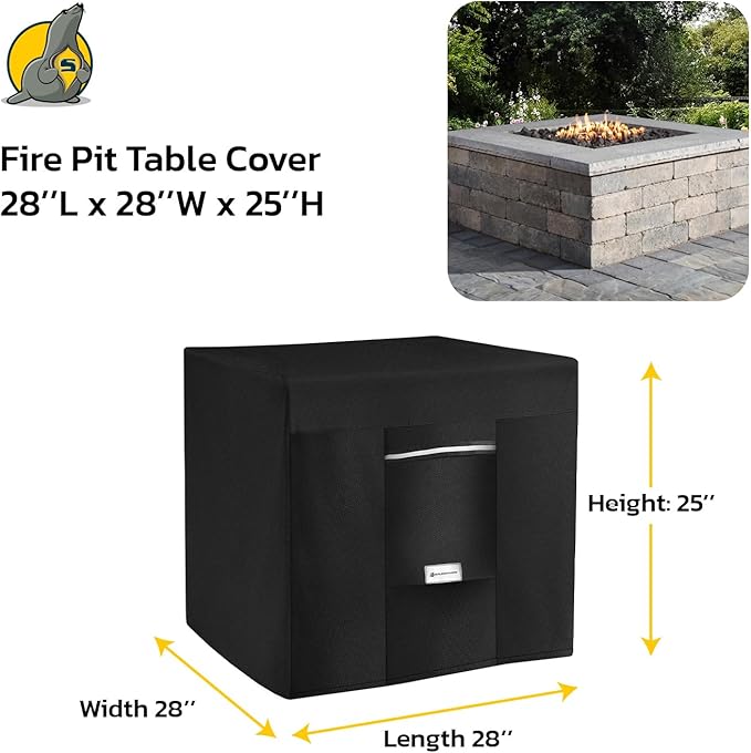 Seal Skin Covers Outdoor Fire Pit Cover β Square 28"L X 28"W X 25βH, Heavy Duty Waterproof Fabric with PVC Coating, Windproof, Tear & Weather Resistant Fire Table Cover for Patio, Black