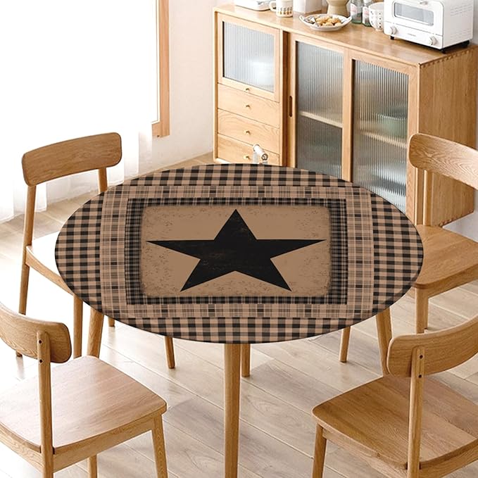 Western Texas Star Round Fitted Tablecloth with Elastic Vintage Primitive Brown Black Checkered Circle Table Cover for 40-44" Tables Waterproof Washable Country Plaid Table Cloth for Kitchen Dining