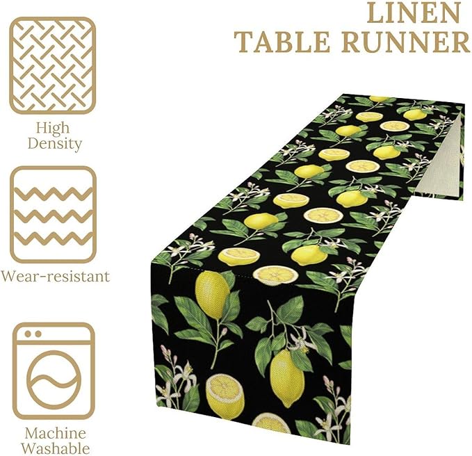 Watercolor Lemon Table Runner, Spring Summer Seasonal Green Leaves Flowers Yellow Fruits Print Table Runner for Farmhouse Kitchen Dining Table Home Party Indoor Decor 13x108in