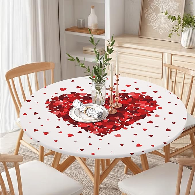 Valentines Day Round Fitted Tablecloth with Elastic Red Love Heart Circle Table Cloth for 40-44" Tables Wipeable Waterproof Washable Valentine Decorative Table Cover for Picnic Dining Party Decor