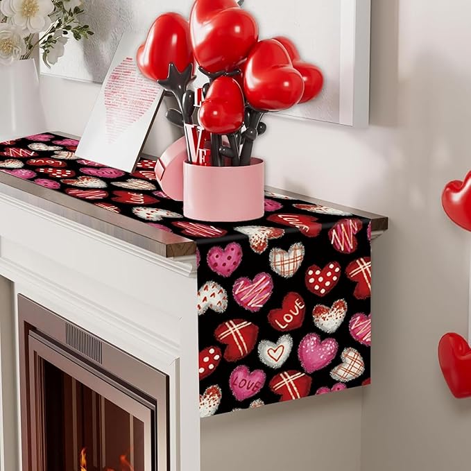 Valentines Day Decorations Table Runner Love Hearts Black Kitchen Dining Table Decor Holiday Anniversary Indoor Outdoor Party Suppies 48×13 Inch