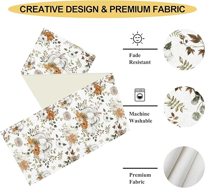 Fall Table Runner, Farmhouse Seasonal Autumn Pumpkin Harvest Thanksgiving Rustic Coffee Table Center Decor for Home Kitchen Dining Patio Holiday Party Indoor Outdoor Table Decorations, 13"x108" Inch