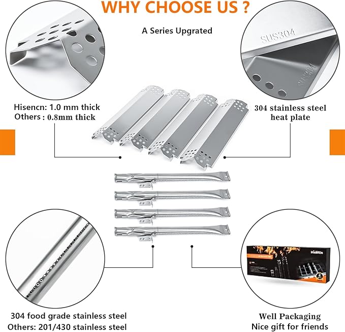 Hisencn Grill Parts for Home Depot Nexgrill 4 Burner 720-0830H, 720-0830D, 720-0783E Gas Grill Models, 304 Stainless Steel Grill Burner, Heat Plate, Cooking Grates Grill Replacement Kit