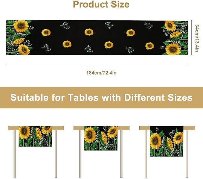 Sunflower Table Runner,Spring Summer Watercolor Floral Plants Leaves Print Table Runner for Kitchen Dining Table Home Holiday Party Indoor Outdoor Decor 13x36in