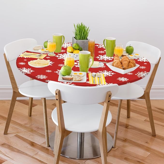 Christmas Snowflake Red White Round Table Cloth Cover, Elastic Edge Waterproof Wipeable Tablecloths 45"-56" Polyester Tablecloth for Party Restaurant Banquet Holiday Camping Outdoor Picnic