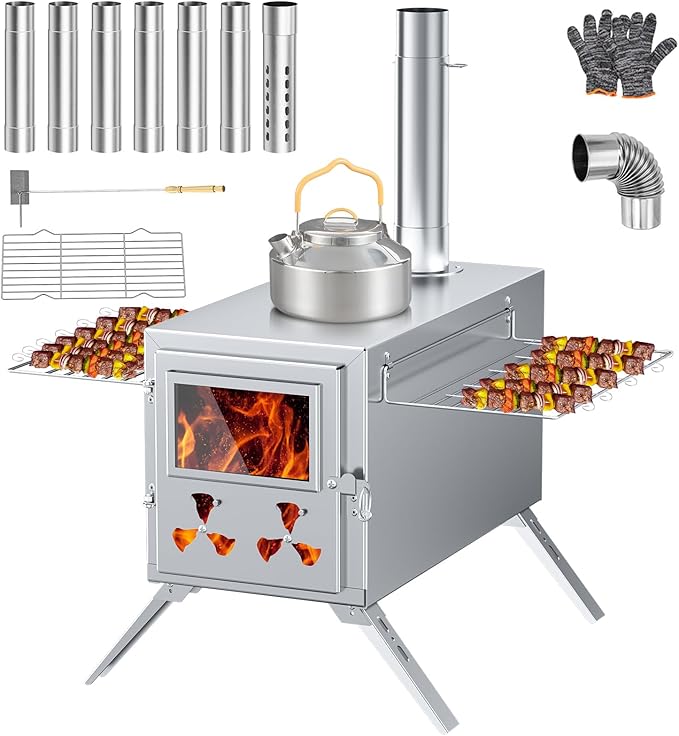 Hot Tent Stove, Camping Wood Burning Stove with 8 Stainless Chimney Pipes, Folding Portable Wood Stove for Tent, Outdoor Heating, Cooking, Ice Fishing, Hunting