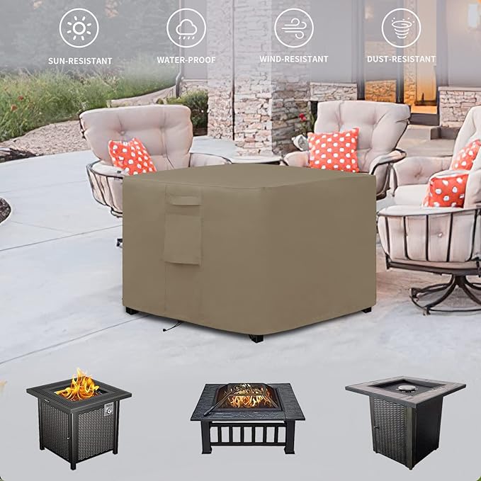 Easy-Going Outdoor Fire Pit Cover Square 44" Lx44 Wx24 H, Durable Outdoor Gas Firepit Cover, Waterproof and Weatherproof Cover for Fire Pit, Camel