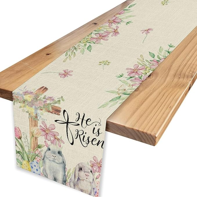 Easter Bunny Rabbits Table Runner,Boho Floral Cross Rabbits Easter Eggs Spring Table Center Decor for Family Kitchen and Living Room Outdoor Farmhouse Party Table Decorations, 13"x36"
