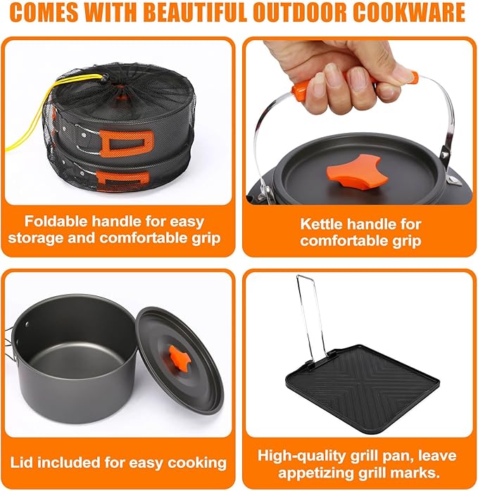 Hisencn Camping Stove,2 Burner Propane Stove,20000 BTU/h Camping Cooking set Includes Frying Pan,Kettle and Pot,Adjustable Burners & Piezo Ignition,Portable stove for camping Outdoor,White