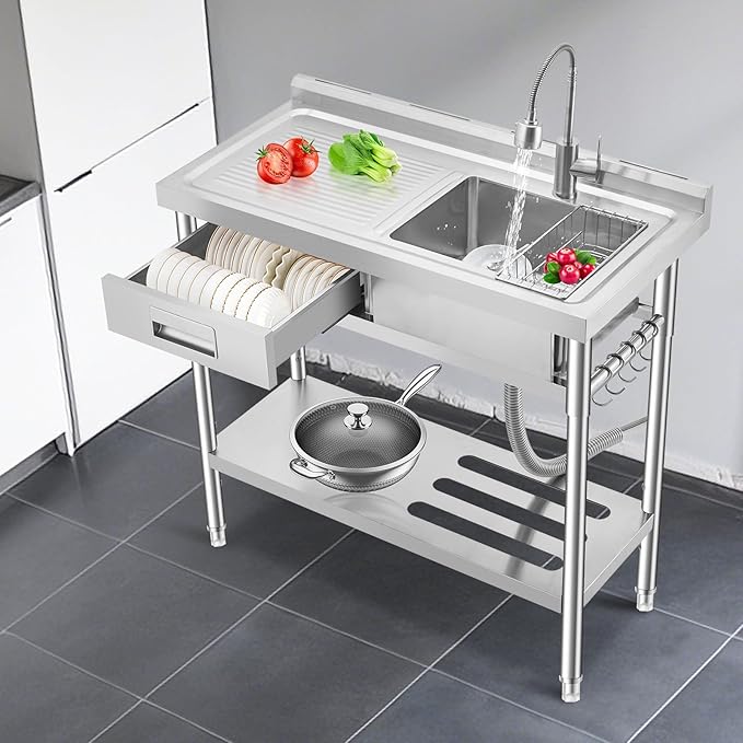 Freestanding Stainless Steel Utility Sink with Workbench, Left Drawer,39" Commercial Kitchen Sink with Faucet, Hot & Cold Water, Storage Shelf, S-Hook,Knife Holder, Adjustable Leg for Indoor Outdoor
