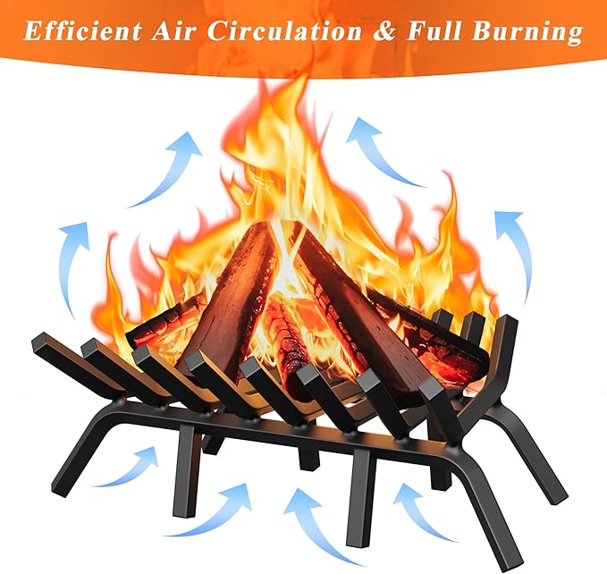 Fireplace Grate 24 Inch with 8 Support Legs, Solid Steel Heavy Duty Fireplace Log Holder with Fire Log Tongs & Fire Poker, Fireplace Log Grate for Indoor Fireplace and Outdoor In-ground Firepit