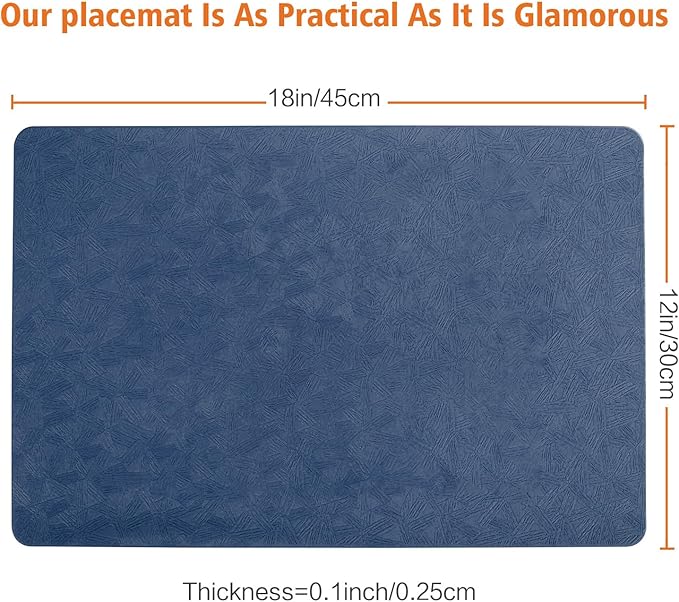 Vinyl Placemats Set of 6 Heat Resistant Easy Clean Non-Slip Place Mats for Dining Table. Faux Leather Waterproof Stain Resistant Wipeable Washable PU Table Mats(6, Blue)