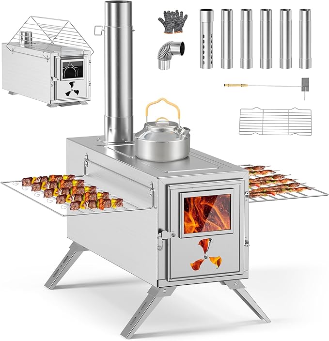 Hot Tent Stove, Camping Wood Burning Stove with 7 Stainless Chimney Pipes and Anti-Spark, Small Camping Wood Stove for Outdoor Heating, Cooking, Ice Fishing, Hunting