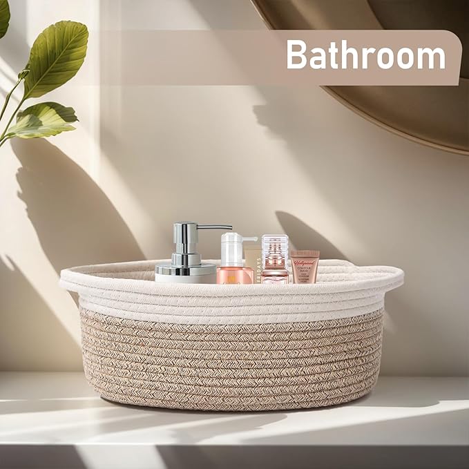 Woven Basket,Small Rope Storage Bin with Handles & Ribbon Bag, Organizer for Shelves Closets,Gift Basket Empty for Birthday,Books,Dog Toys, White&Oatmeal/2 Pack