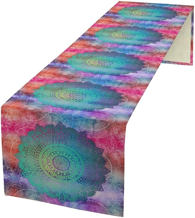 Bohemian Flroal Table Runner, Vintage Colorful Pink Boho Geometric Mandala Flower Paisley Rustic Coffee Table Center Decor for Family Kitchen and Living Room Outdoor Table Decorations, 13"x90"