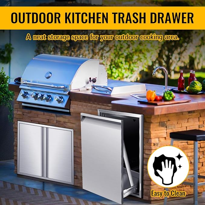 Outdoor Kitchen Stainless Steel Triple Access BBQ Drawers With Handle For BBQ Island Patio Grill Station,Trash Drawer