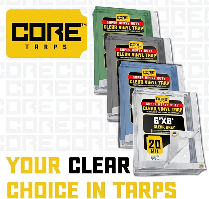 Core Tarps 30 Mil Extreme Heavy Duty Clear Tarp with Gromments - 8x20ft Super Clear Tarps Heavy Duty Waterproof Vinyl Tarpaulin, Transparent Tarp for Outdoor, Camping & Construction, Clear Grey