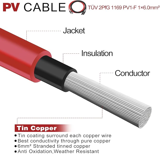 Solar Cable 6 Feet 10AWG Solar Extension Cable with Female and Male Connector, Solar Panel Wire Adaptor Kit Tool (6FT Red + 6FT Black)