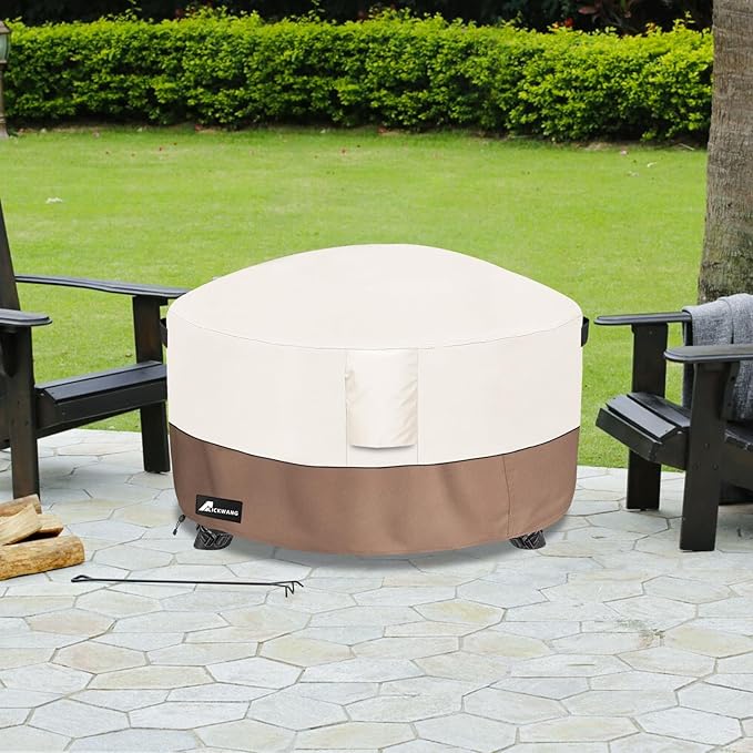 Fire Pit Cover Round 48 Inch Waterproof,Outdoor Heavy Duty Durable 600D Tear-Resistant Fire Pit Table Cover,Patio Round Firepit Cover 48" D x 24" H, Beige