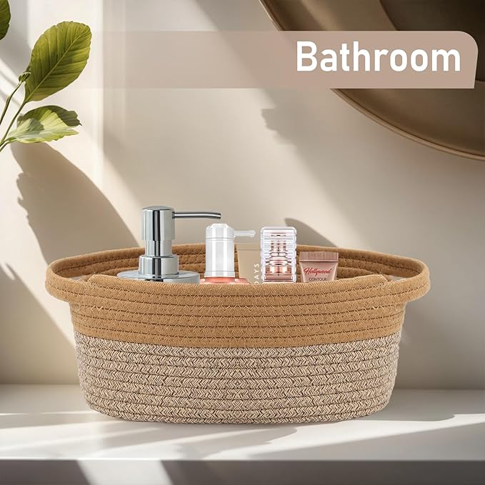 Woven Basket,Small Rope Storage Bin with Handles & Ribbon Bag, Organizer for Shelves Closets,Gift Basket Empty for Birthday,Books,Dog Toys, Jute&Brown/2 Pack