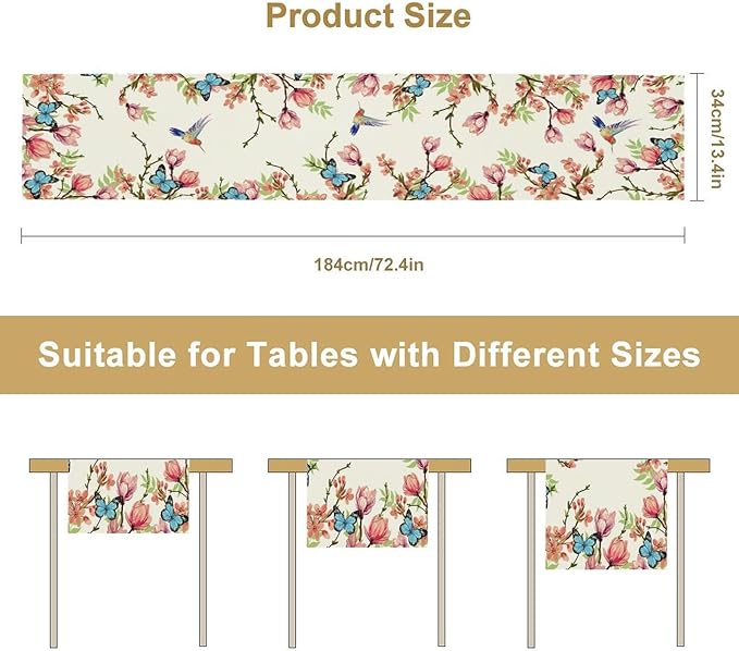 Spring Flower Table Runner, Seasonal Rustic Garden Flowers Bird Butterfly Print Table Runner for Home Kitchen Table Decor, 13x70inch