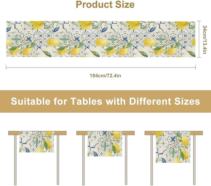 Vintage Lemon Table Runner, Watercolor Yellow Lemons Blue Tiles Spring Summer Seasonal Kitchen Dining Table Decoration for Indoor Outdoor Party, 13x120inch